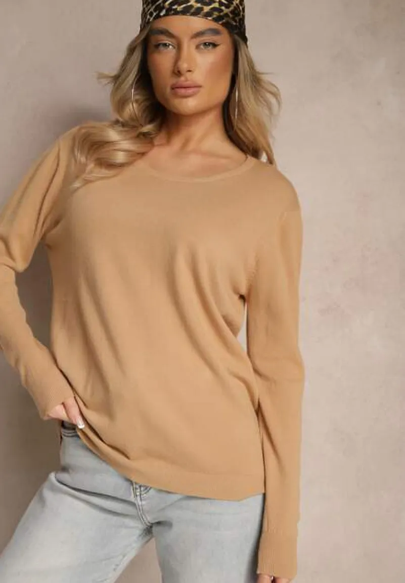 Ciemnobeżowy Sweter z Dodatkiem Kaszmiru Ozdobiony Ściągaczami Sanadora