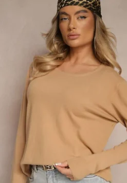 Ciemnobeżowy Sweter z Dodatkiem Kaszmiru Ozdobiony Ściągaczami Sanadora