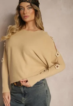 Ciemnobeżowy Sweter z Wiskozą Ozdobiony Wycięciami na Rękawach Evathia