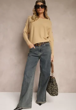 Ciemnobeżowy Sweter z Wiskozą Ozdobiony Wycięciami na Rękawach Evathia