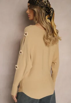 Ciemnobeżowy Sweter z Wiskozą Ozdobiony Wycięciami na Rękawach Evathia