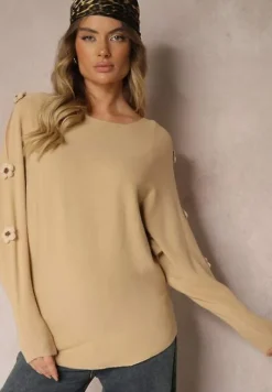 Ciemnobeżowy Sweter z Wiskozą Ozdobiony Wycięciami na Rękawach Evathia