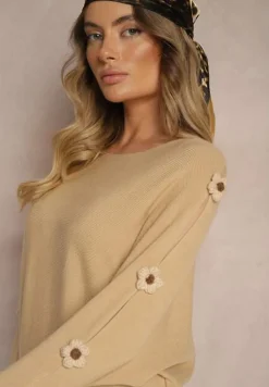 Ciemnobeżowy Sweter z Wiskozą Ozdobiony Wycięciami na Rękawach Evathia