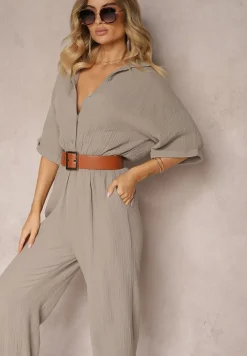 Ciemnobeżowy Taliowany Kombinezon z Bawełny Góra w Formie Koszuli oraz Luźne Spodnie Namsorin