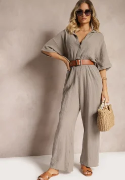 Ciemnobeżowy Taliowany Kombinezon z Bawełny Góra w Formie Koszuli oraz Luźne Spodnie Namsorin