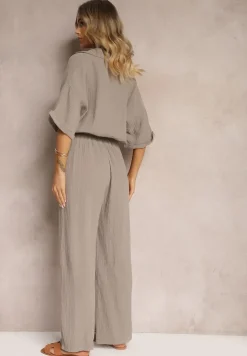 Ciemnobeżowy Taliowany Kombinezon z Bawełny Góra w Formie Koszuli oraz Luźne Spodnie Namsorin