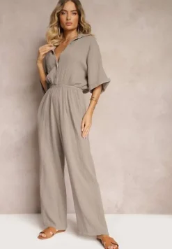 Ciemnobeżowy Taliowany Kombinezon z Bawełny Góra w Formie Koszuli oraz Luźne Spodnie Namsorin