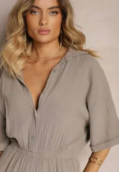 Ciemnobeżowy Taliowany Kombinezon z Bawełny Góra w Formie Koszuli oraz Luźne Spodnie Namsorin