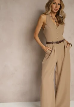 Ciemnobeżowy Taliowany Kombinezon z Guzikami Nilaviella