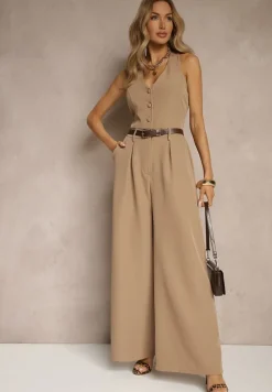 Ciemnobeżowy Taliowany Kombinezon z Guzikami Nilaviella