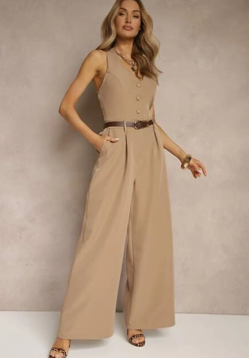 Ciemnobeżowy Taliowany Kombinezon z Guzikami Nilaviella