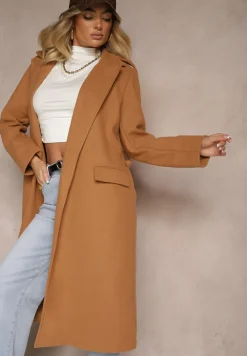 Ciemnobeżowy Taliowany Płaszcz z Wiązanym Paskiem Seraphique