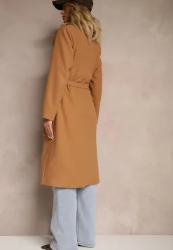 Ciemnobeżowy Taliowany Płaszcz z Wiązanym Paskiem Seraphique