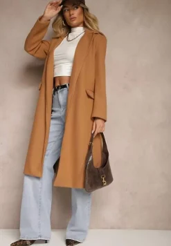 Ciemnobeżowy Taliowany Płaszcz z Wiązanym Paskiem Seraphique