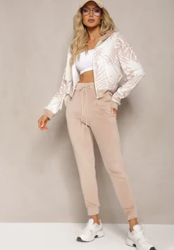 Ciemnobeżowy Welurowy Komplet Dresowy z Wzorzystą Bluzą z Kapturem i Joggerami Rouviana