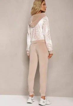 Ciemnobeżowy Welurowy Komplet Dresowy z Wzorzystą Bluzą z Kapturem i Joggerami Rouviana