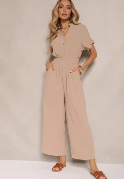 Ciemnobeżowy Wiskozowy Kombinezon z Dekoltem w Serek Zapinany na Guziki Anisora