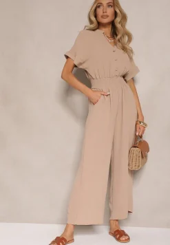 Ciemnobeżowy Wiskozowy Kombinezon z Dekoltem w Serek Zapinany na Guziki Anisora