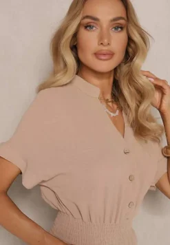 Ciemnobeżowy Wiskozowy Kombinezon z Dekoltem w Serek Zapinany na Guziki Anisora