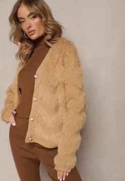 Ciemnobeżowy Zapinany Kardigan na Guziki z Puchatego Materiału Ralioppe