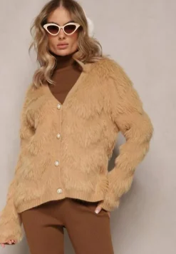 Ciemnobeżowy Zapinany Kardigan na Guziki z Puchatego Materiału Ralioppe