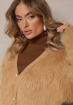 Ciemnobeżowy Zapinany Kardigan na Guziki z Puchatego Materiału Ralioppe