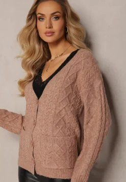 Ciemnobeżowy Zapinany Kardigan z Trójkątnym Dekoltem i Warkoczykowy Splot Juessa
