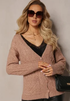 Ciemnobeżowy Zapinany Kardigan z Trójkątnym Dekoltem i Warkoczykowy Splot Juessa