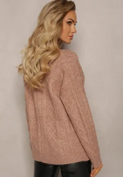 Ciemnobeżowy Zapinany Kardigan z Trójkątnym Dekoltem i Warkoczykowy Splot Juessa