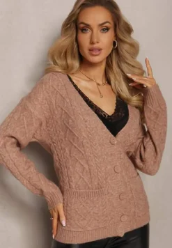 Ciemnobeżowy Zapinany Kardigan z Trójkątnym Dekoltem i Warkoczykowy Splot Juessa