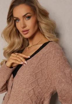 Ciemnobeżowy Zapinany Kardigan z Trójkątnym Dekoltem i Warkoczykowy Splot Juessa