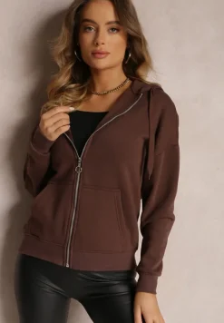 Ciemnobrązowa Bluza z Kapturem i Suwakiem Oversize Des