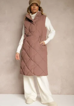 Ciemnobrązowa Długa Kamizelka z Pikowanymi Przeszyciami ze Stójką i Kieszeniami Avalithe