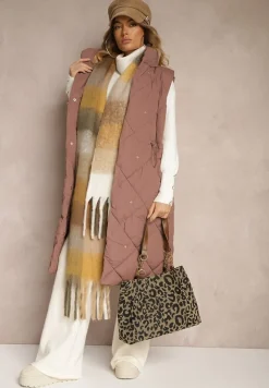 Ciemnobrązowa Długa Kamizelka z Pikowanymi Przeszyciami ze Stójką i Kieszeniami Avalithe