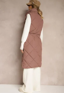 Ciemnobrązowa Długa Kamizelka z Pikowanymi Przeszyciami ze Stójką i Kieszeniami Avalithe