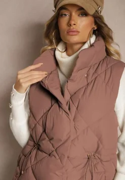 Ciemnobrązowa Długa Kamizelka z Pikowanymi Przeszyciami ze Stójką i Kieszeniami Avalithe