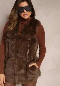 Ciemnobrązowa Futrzana Kamizelka z Wstawkami z Ekoskóry Lewja
