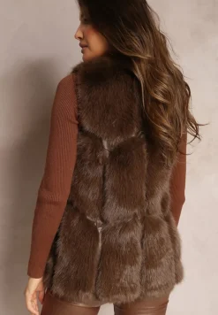 Ciemnobrązowa Futrzana Kamizelka z Wstawkami z Ekoskóry Lewja