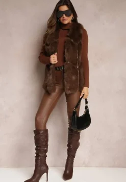 Ciemnobrązowa Futrzana Kamizelka z Wstawkami z Ekoskóry Lewja