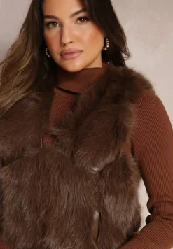 Ciemnobrązowa Futrzana Kamizelka z Wstawkami z Ekoskóry Lewja