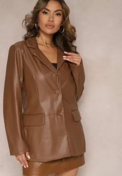 Ciemnobrązowa Jednorzędowa Marynarka z Imitacji Skóry Barelia