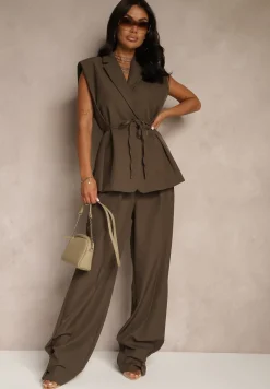 Ciemnobrązowa Kamizelka Garniturowa z Usztywnianymi Ramionami Ozdobiona Wiązaniem Dannelia