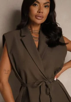 Ciemnobrązowa Kamizelka Garniturowa z Usztywnianymi Ramionami Ozdobiona Wiązaniem Dannelia