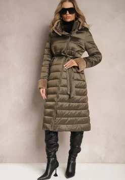 Ciemnobrązowa Kurtka Płaszcz z Pikowaniem i Paskiem w Talii z Odpinanym Kapturem Veloci