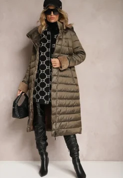 Ciemnobrązowa Kurtka Płaszcz z Pikowaniem i Paskiem w Talii z Odpinanym Kapturem Veloci