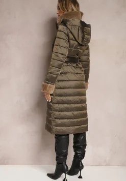 Ciemnobrązowa Kurtka Płaszcz z Pikowaniem i Paskiem w Talii z Odpinanym Kapturem Veloci