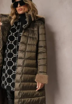 Ciemnobrązowa Kurtka Płaszcz z Pikowaniem i Paskiem w Talii z Odpinanym Kapturem Veloci