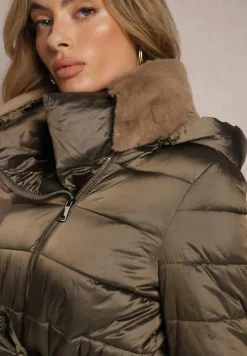 Ciemnobrązowa Kurtka Płaszcz z Pikowaniem i Paskiem w Talii z Odpinanym Kapturem Veloci