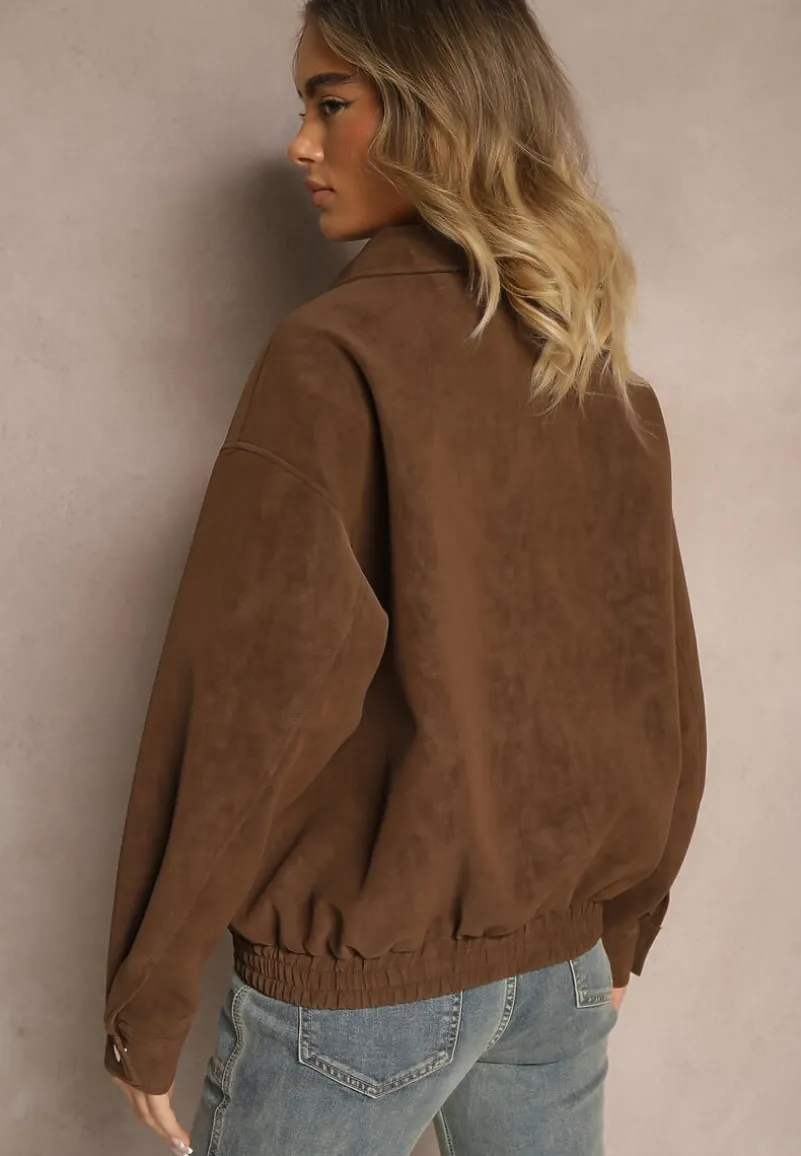 Ciemnobrązowa Kurtka z Wiskozą i Kołnierzykiem Naneleta