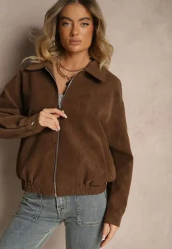Ciemnobrązowa Kurtka z Wiskozą i Kołnierzykiem Naneleta